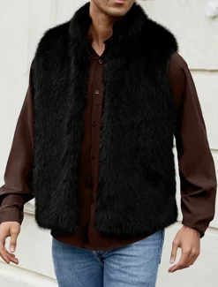 Men's Vest Faux Fur Gilet Daily Date Vacation Fashion Casual Fall & Winter Keep Warm Polyester Comfortable Plain Cardigan Stand Collar Regular Fit Black White Yellow Vest