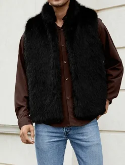 Men's Vest Faux Fur Gilet Daily Date Vacation Fashion Casual Fall & Winter Keep Warm Polyester Comfortable Plain Cardigan Stand Collar Regular Fit Black White Yellow Vest