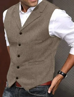 Men's Vest Gilet Business Daily Date Vacation Fashion Casual Spring & Fall Buttons Pocket Polyester Comfortable Plain Single Breasted One-button Closure collar Regular Fit Khaki Vest