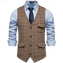 Men's Vest Gilet Business Casual Wedding Party Dress Comfortable Spring, Fall, Winter, Summer Polyester 95% Polyester 5% Spandex Plaid / Check Buttoned Front V Neck Regular Fit Black Khaki Gray Vest