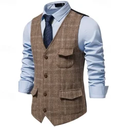 Men's Vest Gilet Business Casual Wedding Party Dress Comfortable Spring, Fall, Winter, Summer Polyester 95% Polyester 5% Spandex Plaid / Check Buttoned Front V Neck Regular Fit Black Khaki Gray Vest