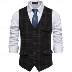Men's Vest Gilet Business Casual Wedding Party Dress Comfortable Spring, Fall, Winter, Summer Polyester 95% Polyester 5% Spandex Plaid / Check Buttoned Front V Neck Regular Fit Black Khaki Gray Vest