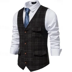 Men's Vest Gilet Business Casual Wedding Party Dress Comfortable Spring, Fall, Winter, Summer Polyester 95% Polyester 5% Spandex Plaid / Check Buttoned Front V Neck Regular Fit Black Khaki Gray Vest