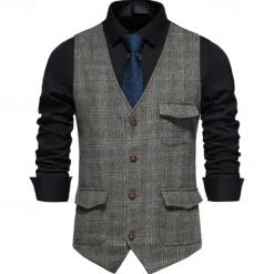 Men's Vest Gilet Business Casual Wedding Party Dress Comfortable Spring, Fall, Winter, Summer Polyester 95% Polyester 5% Spandex Plaid / Check Buttoned Front V Neck Regular Fit Black Khaki Gray Vest