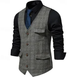 Men's Vest Gilet Business Casual Wedding Party Dress Comfortable Spring, Fall, Winter, Summer Polyester 95% Polyester 5% Spandex Plaid / Check Buttoned Front V Neck Regular Fit Black Khaki Gray Vest