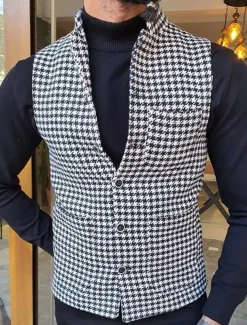 Men's Vest Gilet Casual Daily Traditional Spring & Fall Basic Polyester Casual Houndstooth Single Breasted Standing Collar Form Fit Black Vest