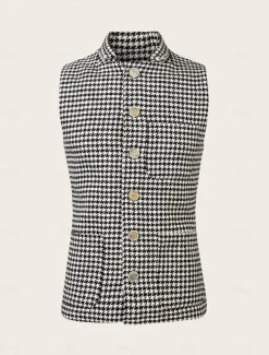 Men's Vest Gilet Casual Daily Traditional Spring & Fall Basic Polyester Casual Houndstooth Single Breasted Standing Collar Form Fit Black Vest