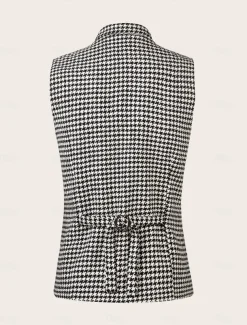 Men's Vest Gilet Casual Daily Traditional Spring & Fall Basic Polyester Casual Houndstooth Single Breasted Standing Collar Form Fit Black Vest
