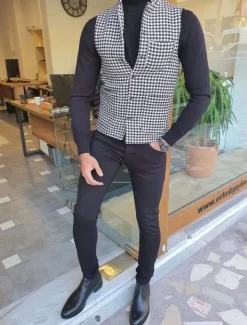 Men's Vest Gilet Casual Daily Traditional Spring & Fall Basic Polyester Casual Houndstooth Single Breasted Standing Collar Form Fit Black Vest