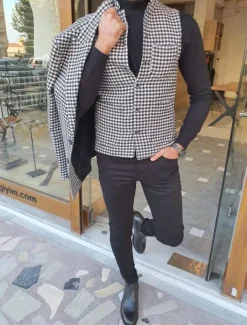 Men's Vest Gilet Casual Daily Traditional Spring & Fall Basic Polyester Casual Houndstooth Single Breasted Standing Collar Form Fit Black Vest
