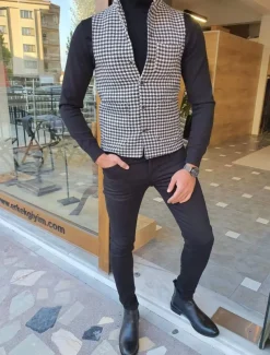 Men's Vest Gilet Casual Daily Traditional Spring & Fall Basic Polyester Casual Houndstooth Single Breasted Standing Collar Form Fit Black Vest