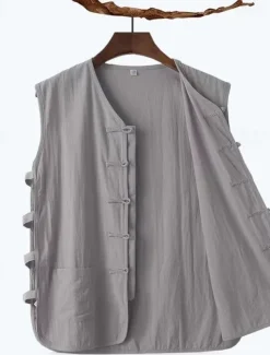 Men's Vest Gilet Daily Vacation Beach Vintage Fashion Spring & Summer Button Pocket 85% Cotton Breathable Comfortable Plain Single Breasted One-button V Neck Regular Fit Black White Burgundy Navy Blue