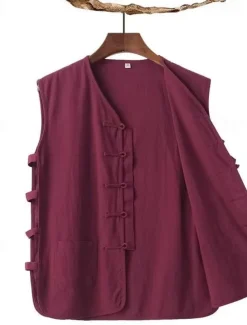 Men's Vest Gilet Daily Vacation Beach Vintage Fashion Spring & Summer Button Pocket 85% Cotton Breathable Comfortable Plain Single Breasted One-button V Neck Regular Fit Black White Burgundy Navy Blue