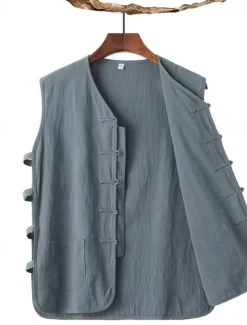 Men's Vest Gilet Daily Vacation Beach Vintage Fashion Spring & Summer Button Pocket 85% Cotton Breathable Comfortable Plain Single Breasted One-button V Neck Regular Fit Black White Burgundy Navy Blue