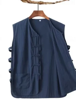 Men's Vest Gilet Daily Vacation Beach Vintage Fashion Spring & Summer Button Pocket 85% Cotton Breathable Comfortable Plain Single Breasted One-button V Neck Regular Fit Black White Burgundy Navy Blue