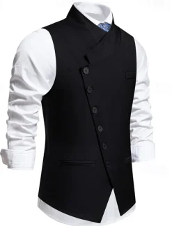 Men's Vest Gilet Daily Wear Vacation Going out Vintage Fashion Spring & Fall Button Polyester Comfortable Plain Single Breasted V Neck Regular Fit Black Gray Vest