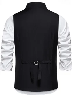 Men's Vest Gilet Daily Wear Vacation Going out Vintage Fashion Spring & Fall Button Polyester Comfortable Plain Single Breasted V Neck Regular Fit Black Gray Vest