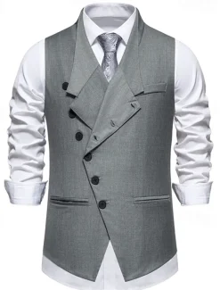 Men's Vest Gilet Daily Wear Vacation Going out Vintage Fashion Spring & Fall Button Polyester Comfortable Plain Single Breasted V Neck Regular Fit Black Gray Vest