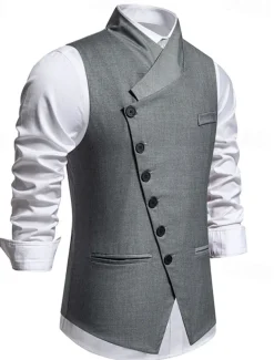 Men's Vest Gilet Daily Wear Vacation Going out Vintage Fashion Spring & Fall Button Polyester Comfortable Plain Single Breasted V Neck Regular Fit Black Gray Vest