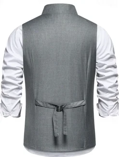 Men's Vest Gilet Daily Wear Vacation Going out Vintage Fashion Spring & Fall Button Polyester Comfortable Plain Single Breasted V Neck Regular Fit Black Gray Vest