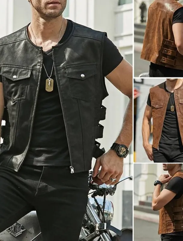 Men's Vest Gilet Daily Wear Vacation Going out Fashion Basic Spring & Fall Front Pocket Polyester PU Leather Comfortable Plain Zipper Cardigan Crew Neck Regular Fit Black Brown Vest