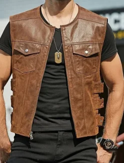 Men's Vest Gilet Daily Wear Vacation Going out Fashion Basic Spring & Fall Front Pocket Polyester PU Leather Comfortable Plain Zipper Cardigan Crew Neck Regular Fit Black Brown Vest