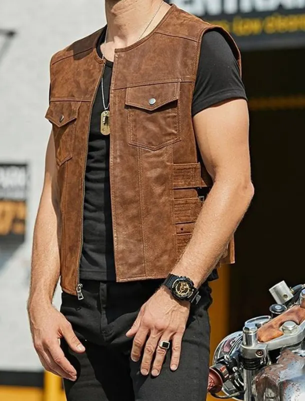 Men's Vest Gilet Daily Wear Vacation Going out Fashion Basic Spring & Fall Front Pocket Polyester PU Leather Comfortable Plain Zipper Cardigan Crew Neck Regular Fit Black Brown Vest