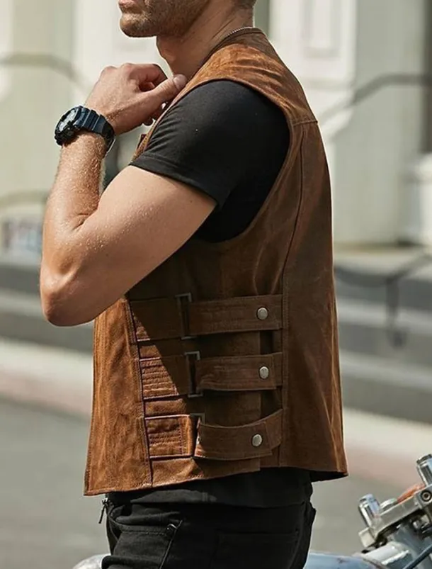 Men's Vest Gilet Daily Wear Vacation Going out Fashion Basic Spring & Fall Front Pocket Polyester PU Leather Comfortable Plain Zipper Cardigan Crew Neck Regular Fit Black Brown Vest
