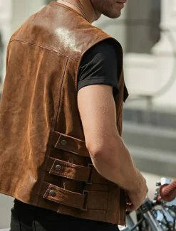 Men's Vest Gilet Daily Wear Vacation Going out Fashion Basic Spring & Fall Front Pocket Polyester PU Leather Comfortable Plain Zipper Cardigan Crew Neck Regular Fit Black Brown Vest