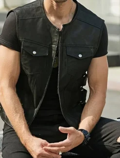 Men's Vest Gilet Daily Wear Vacation Going out Fashion Basic Spring & Fall Front Pocket Polyester PU Leather Comfortable Plain Zipper Cardigan Crew Neck Regular Fit Black Brown Vest