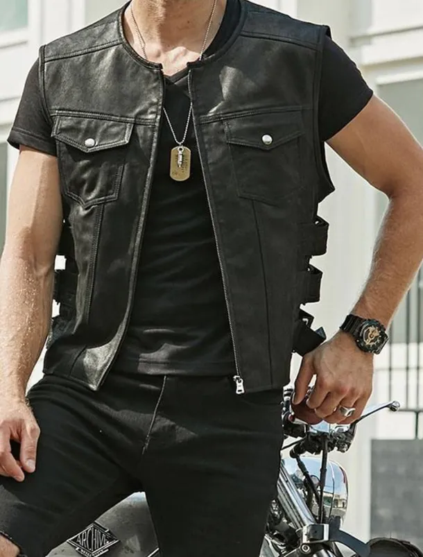 Men's Vest Gilet Daily Wear Vacation Going out Fashion Basic Spring & Fall Front Pocket Polyester PU Leather Comfortable Plain Zipper Cardigan Crew Neck Regular Fit Black Brown Vest