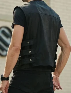 Men's Vest Gilet Daily Wear Vacation Going out Fashion Basic Spring & Fall Front Pocket Polyester PU Leather Comfortable Plain Zipper Cardigan Crew Neck Regular Fit Black Brown Vest