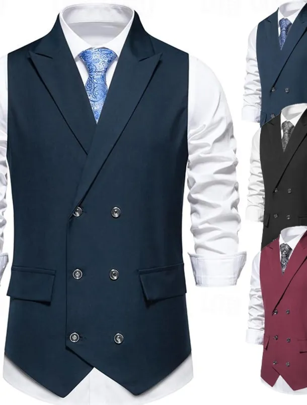 Men's Vest Gilet Daily Wear Vacation Going out Vintage Fashion Spring & Fall Button Polyester Comfortable Plain Double Breasted Lapel Regular Fit Black Burgundy Dark Navy Vest