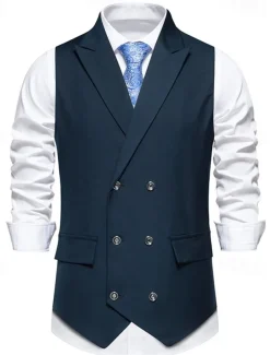 Men's Vest Gilet Daily Wear Vacation Going out Vintage Fashion Spring & Fall Button Polyester Comfortable Plain Double Breasted Lapel Regular Fit Black Burgundy Dark Navy Vest