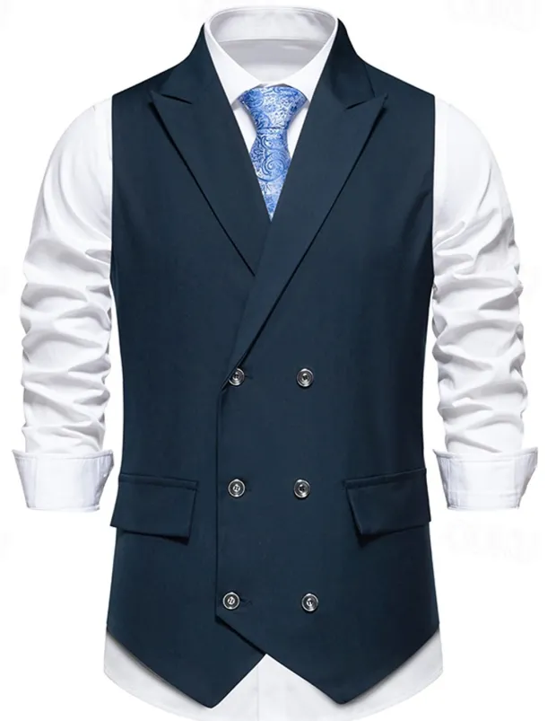 Men's Vest Gilet Daily Wear Vacation Going out Vintage Fashion Spring & Fall Button Polyester Comfortable Plain Double Breasted Lapel Regular Fit Black Burgundy Dark Navy Vest