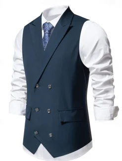 Men's Vest Gilet Daily Wear Vacation Going out Vintage Fashion Spring & Fall Button Polyester Comfortable Plain Double Breasted Lapel Regular Fit Black Burgundy Dark Navy Vest