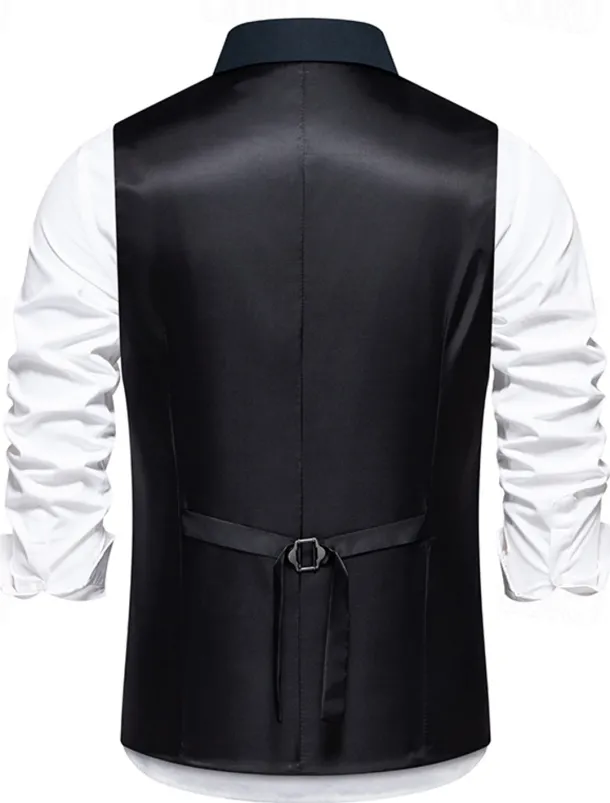 Men's Vest Gilet Daily Wear Vacation Going out Vintage Fashion Spring & Fall Button Polyester Comfortable Plain Double Breasted Lapel Regular Fit Black Burgundy Dark Navy Vest