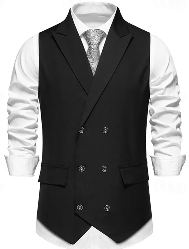 Men's Vest Gilet Daily Wear Vacation Going out Vintage Fashion Spring & Fall Button Polyester Comfortable Plain Double Breasted Lapel Regular Fit Black Burgundy Dark Navy Vest