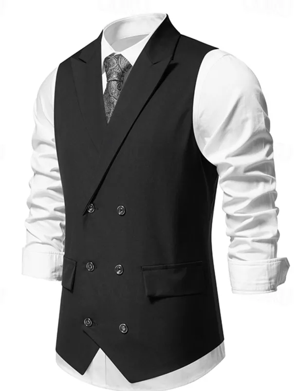 Men's Vest Gilet Daily Wear Vacation Going out Vintage Fashion Spring & Fall Button Polyester Comfortable Plain Double Breasted Lapel Regular Fit Black Burgundy Dark Navy Vest