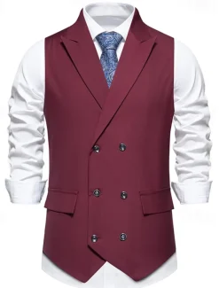 Men's Vest Gilet Daily Wear Vacation Going out Vintage Fashion Spring & Fall Button Polyester Comfortable Plain Double Breasted Lapel Regular Fit Black Burgundy Dark Navy Vest