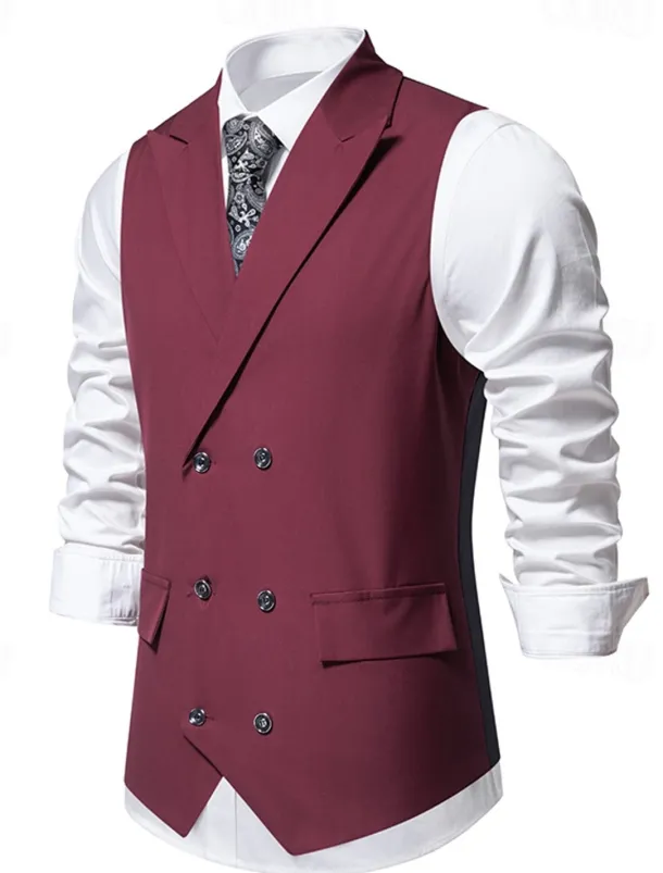 Men's Vest Gilet Daily Wear Vacation Going out Vintage Fashion Spring & Fall Button Polyester Comfortable Plain Double Breasted Lapel Regular Fit Black Burgundy Dark Navy Vest