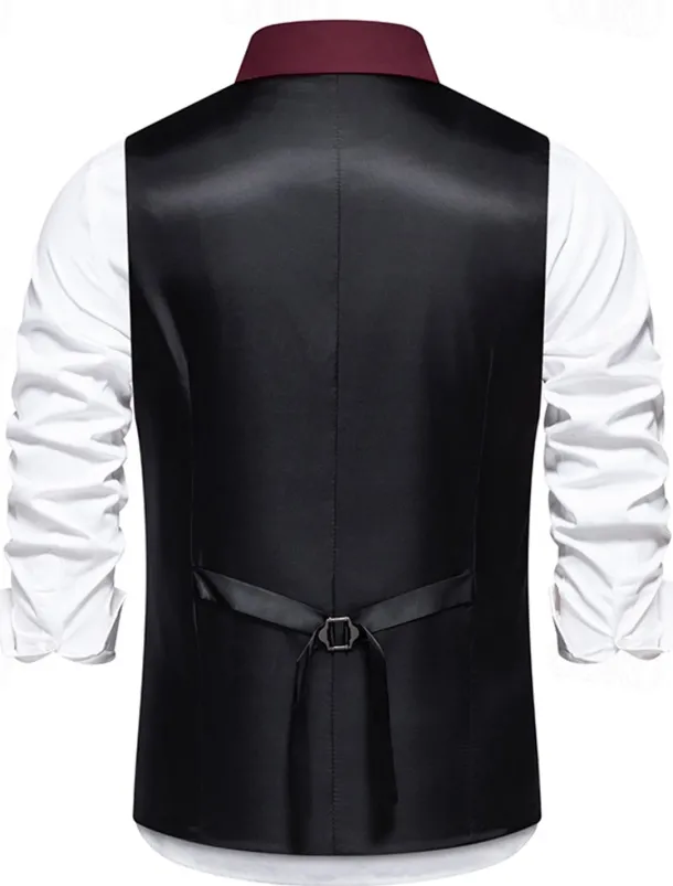 Men's Vest Gilet Daily Wear Vacation Going out Vintage Fashion Spring & Fall Button Polyester Comfortable Plain Double Breasted Lapel Regular Fit Black Burgundy Dark Navy Vest