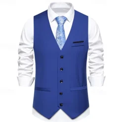 Men's Vest Gilet Daily Wear Vacation Going out Vintage Fashion Spring & Fall Button Polyester Comfortable Plain Single Breasted V Neck Regular Fit Black Burgundy Dark Navy Sky Blue Vest
