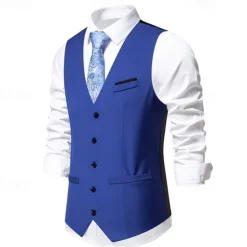 Men's Vest Gilet Daily Wear Vacation Going out Vintage Fashion Spring & Fall Button Polyester Comfortable Plain Single Breasted V Neck Regular Fit Black Burgundy Dark Navy Sky Blue Vest