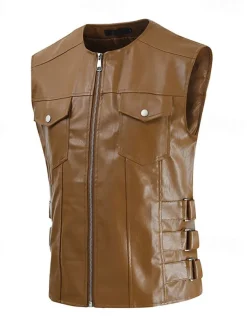 Men's Vest Gilet Faux Leather Vest Outdoor Daily Fashion Casual Spring Fall Zip Up Pocket PU Leather Comfortable Plain Zipper Crew Neck Regular Fit Black Brown Vest