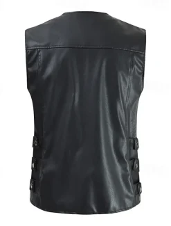 Men's Vest Gilet Faux Leather Vest Outdoor Daily Fashion Casual Spring Fall Zip Up Pocket PU Leather Comfortable Plain Zipper Crew Neck Regular Fit Black Brown Vest