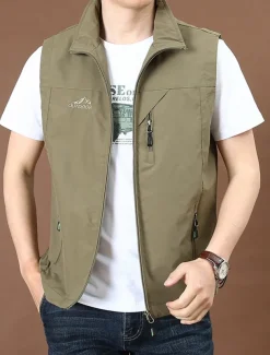 Men's Vest Gilet Fishing Vest Hiking Vest Daily Date Vacation Fashion Casual Spring & Fall Pocket Nylon Comfortable Plain Zipper Stand Collar Regular Fit Black Red Royal Blue Khaki Vest