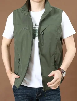 Men's Vest Gilet Fishing Vest Hiking Vest Daily Date Vacation Fashion Casual Spring & Fall Pocket Nylon Comfortable Plain Zipper Stand Collar Regular Fit Black Red Royal Blue Khaki Vest