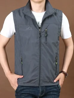 Men's Vest Gilet Fishing Vest Hiking Vest Daily Date Vacation Fashion Casual Spring & Fall Pocket Nylon Comfortable Plain Zipper Stand Collar Regular Fit Black Red Royal Blue Khaki Vest