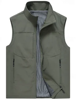 Men's Vest Gilet Fishing Vest Hiking Vest Daily Date Vacation Fashion Casual Spring & Summer Pocket Polyester Breathability Plain Zipper Stand Collar Regular Fit Black Khaki Army Green Dark Blue Vest
